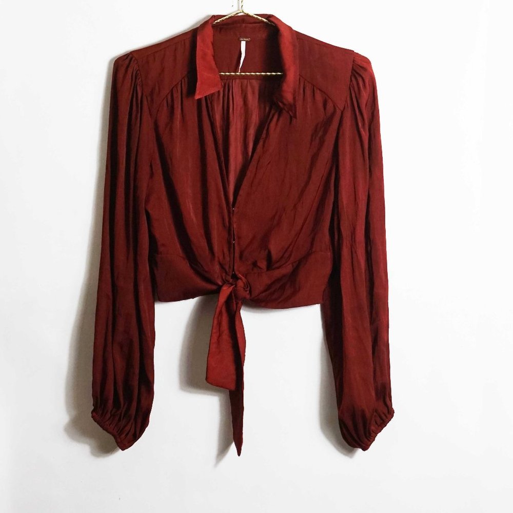Free People Long Sleeve Tie Front Top in Brown S
